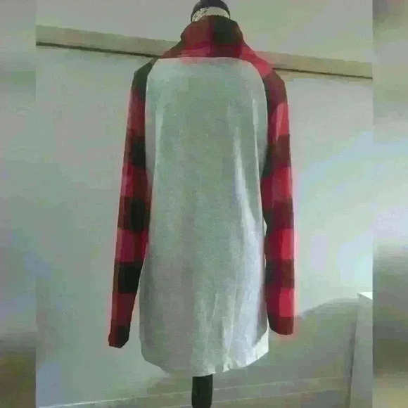 FOR G AND PL | Women's Grey w/ Black/Red Plaid Reindeer Cowl Neck Tunic Sweater - Picture 4 of 4
